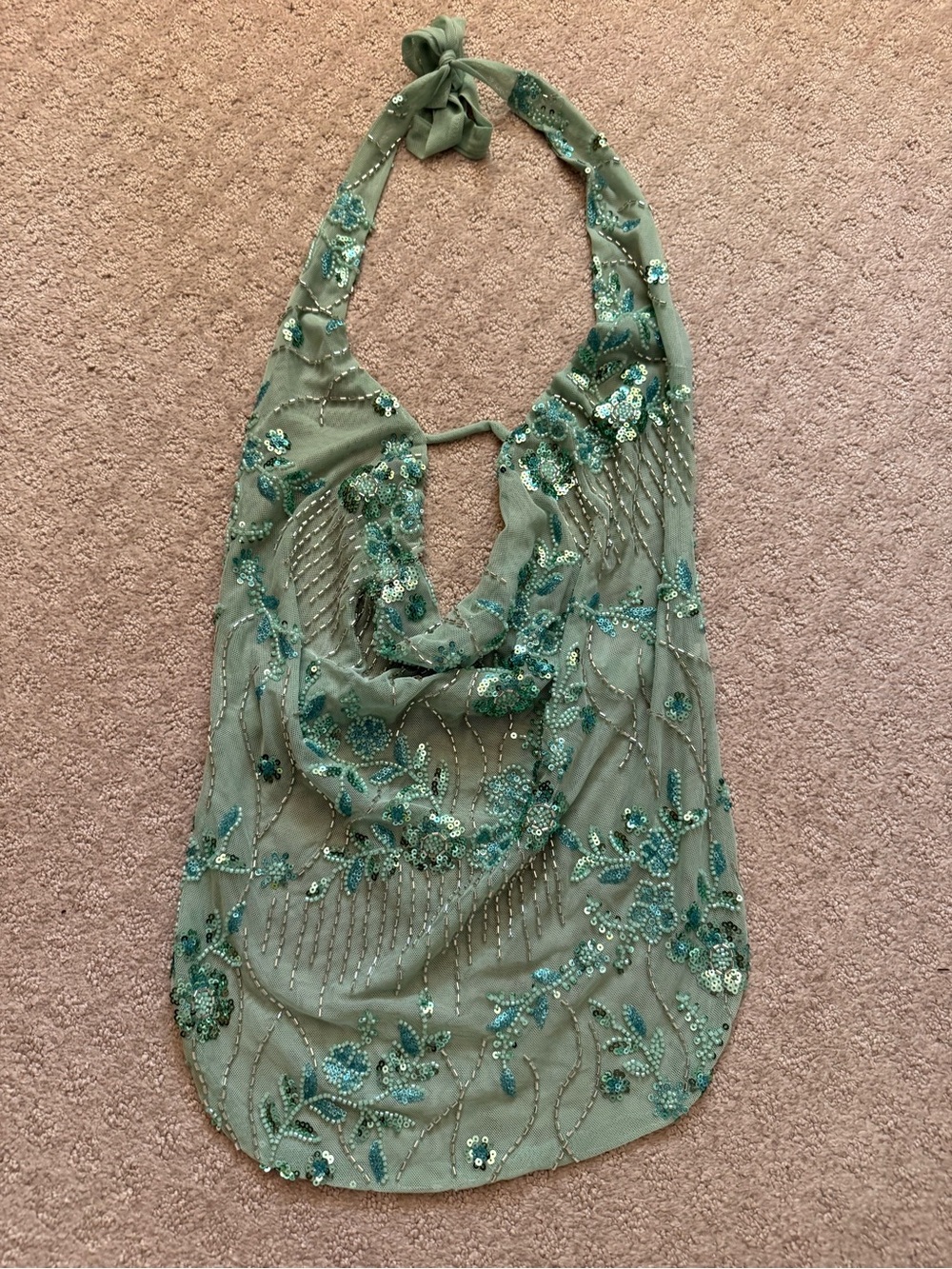 Green Beaded Halter Top with Plunging Neckline Backless Festival Fairycore Y2K - Picture 7 of 7